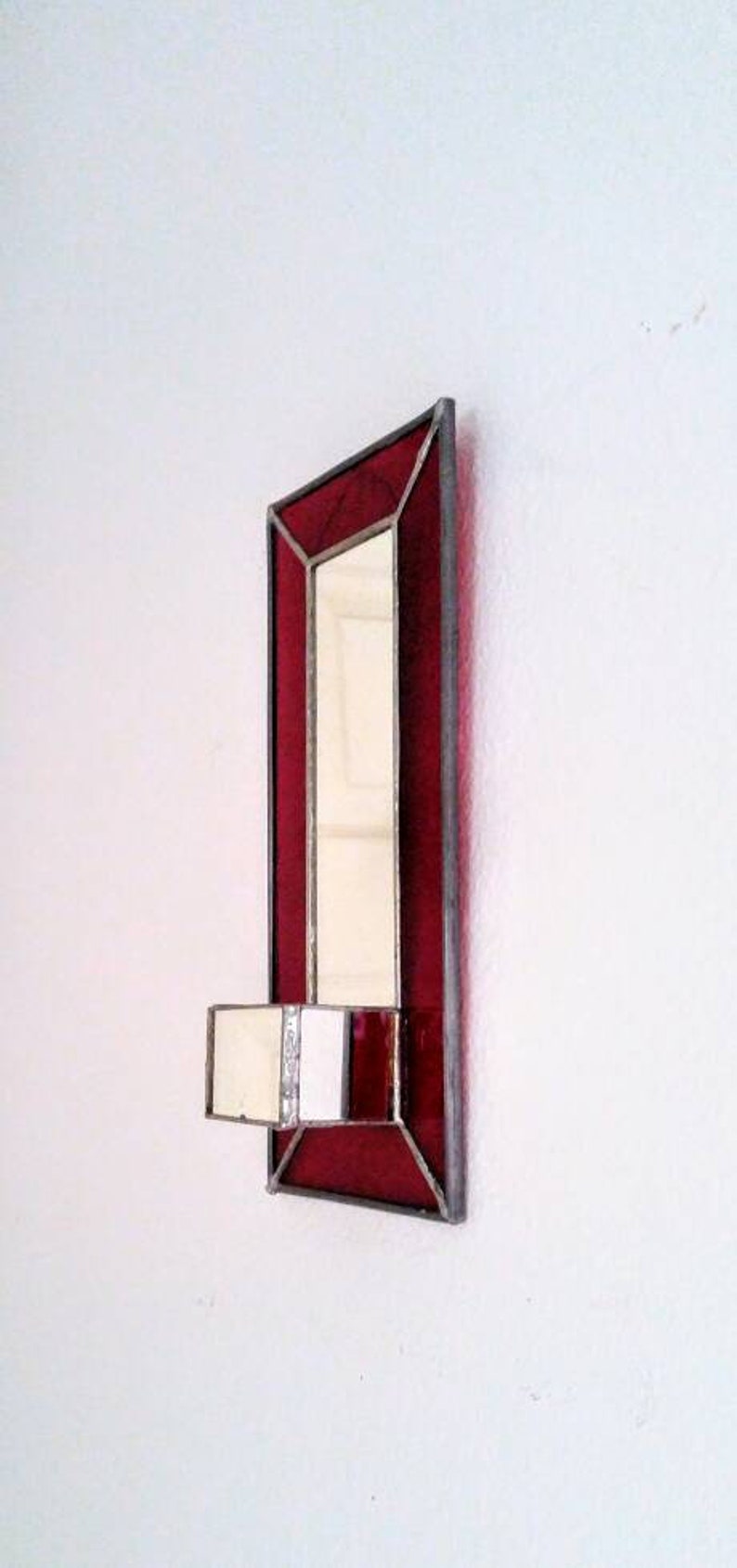 Red Stained Glass Mirror Candle Holder Wall Decor Leaded Tea Light Vintage 70s
