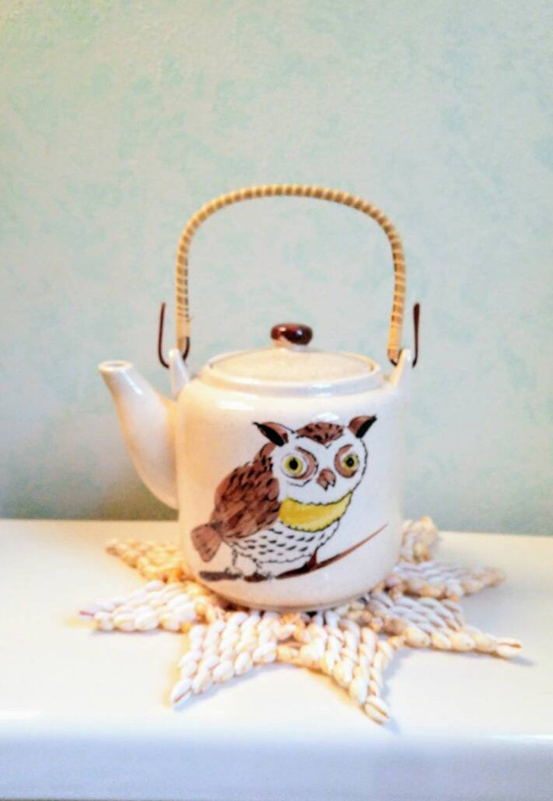 Owl On Branch Rustic Stoneware Pottery Tea Maker Retro Owl Teapot Vintage 1960s Drinkware Rattan Wrap Handle