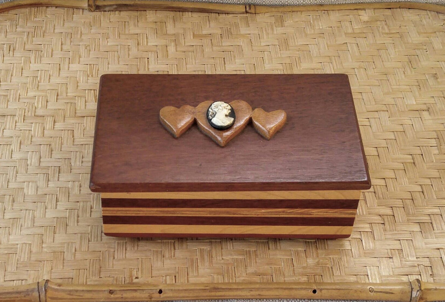 Wood Heart Keepsake Box Hand Crafted Two Tone Wood Lidded Jewelry