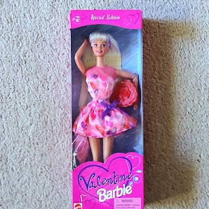 NIB 1997 Valentine Barbie Doll In Pink Heart Dress Special Edition * Pop Culture Collectible Doll * Mattel Toy Blonde Barbie Vintage 90 Doll