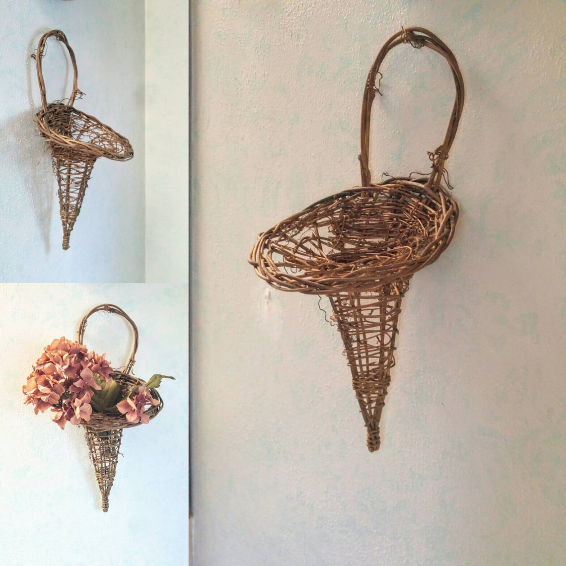 Grapevine Flower Cone Wall Basket Retro 70s Woven Cone Wall Etsy