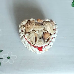 May include: A heart-shaped box filled with various seashells, including a large white seashell in the center. The box is decorated with a red ribbon.