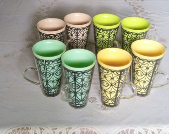 1960s Insulated Mugs * Vintage Thermo Cups French Style Design *  Pastel And Black Retro Patio Drink-ware With Handlesi