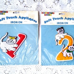 Iron On Cat Appliques With Number 1 & 2 * Retro 70s Soft Touch Number 1 Applique * Sewing Embellishments * Embroidered Child Appliques