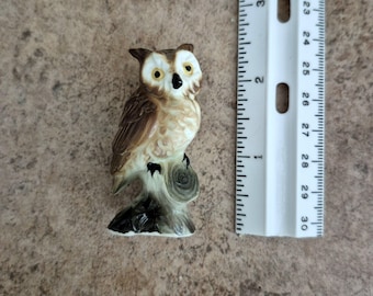 Vtg Mini Owl Shadow Box Figure 2 3/8"  *Porcelain Horned Owl * Owl Spirit Animal Symbol Of Wisdom * Woodland Bird Decor * Owl Collector Gift