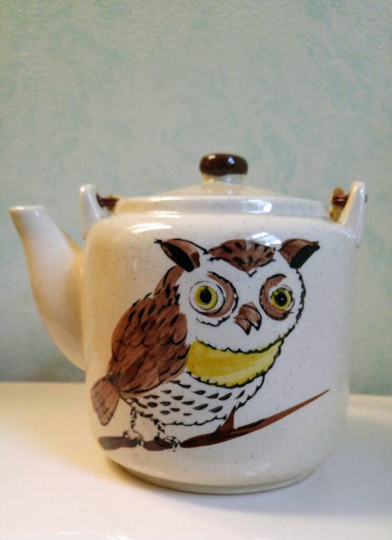 Owl On Branch Rustic Stoneware Pottery Tea Maker Retro Owl Teapot Vintage 1960s Drinkware Rattan Wrap Handle
