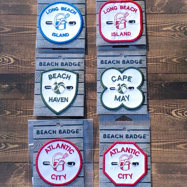 3" Beach Badge Iron on Patch, AC LBI Atlantic City, Long Beach Island, Cape May Jersey Shore Embroidered Patch for jackets bags, hats, jeans