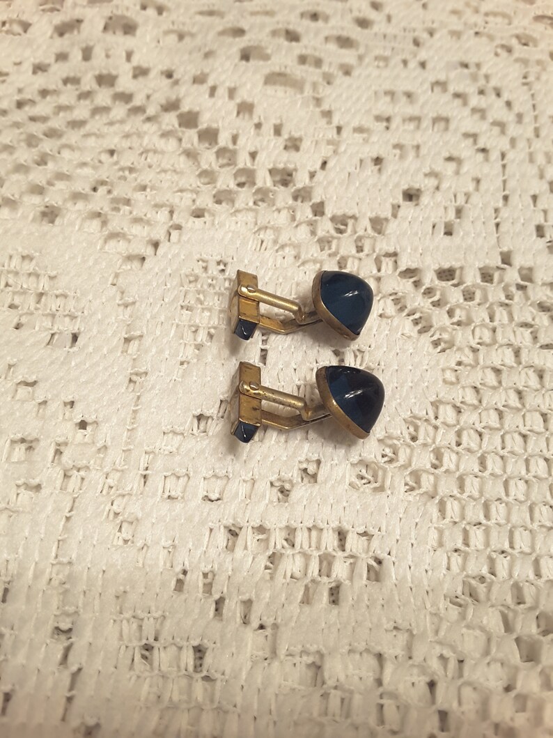 Vintage pair of Brass  Gold Tone with Gorgeous Blue Stones Swank Antique Cuff Links