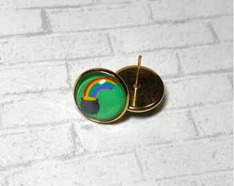 Pot of Gold, Saint Patricks Day Earrings, Irish Studs, Rainbow Earrings, Luck of the Irish Earrings, Saint Pattys