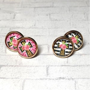 Christian Earrings, Floral Cross, Religion Teacher, Church Earrings, Black and White Cross, Pink Cross, Cross Jewelry