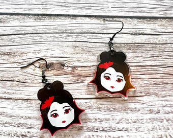 Vampire Girl Earrings: Halloween Acrylic Dangles, Stainless Steel