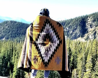 XL Yellow Aztec Diamond Mexican Blanket soft Minky Plush. Sustainable eco friendly blanket Southwestern style.