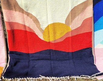 XL Desert Sunset Mexican Blanket. Multi Color front with super soft Minky Plush. Sustainable eco friendly blanket Southwestern style.