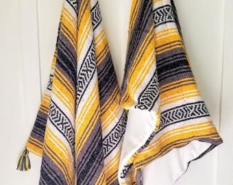 Golden Mustard Mexican Throw w/ Minky plush backing. Eco Friendly Serape. Recycled Falsa blanket. Upcycled Tex Mex. Fall Yellow w/ tassels.