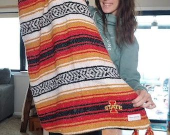 Iowa State Cyclones Blanket. Red & Yellow Mexican Serape Blanket. Sustainable blanket. Eco friendly blanket. Football blanket