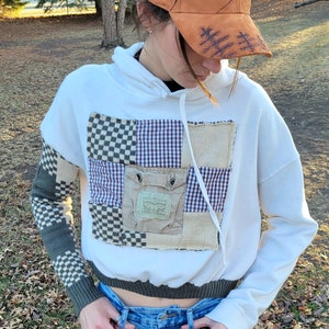 Reworked hoodie. 1 of 1 patchwork quilt  / neutral Levi&#39;s hoodie. Olive Green sweater upcycled crop top sweatshirt