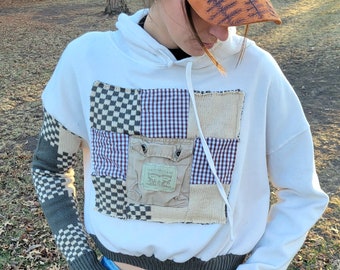 Reworked hoodie. 1 of 1 patchwork quilt  / neutral Levi&#39;s hoodie. Olive Green sweater upcycled crop top sweatshirt