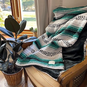 Heavy Weight Classic Teal + Silver Mexican Serape With Minky Plush Backing. Tassel Blanket. Mexican Blanket. Boho Style. Falsa