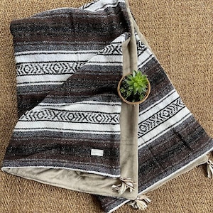 May include: A woven blanket with a brown, white, and gray striped pattern, featuring geometric designs. The blanket has a soft, beige backing and decorative tassels. A small succulent plant in a woven basket rests on the blanket.