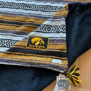 Iowa Yellow & Black Large size Mexican Blanket paired with super soft black minky plush Hawkeyes Merch Herky Patch