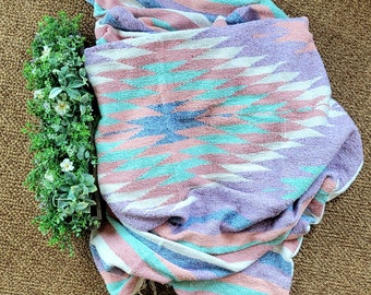 XL Pastel Diamond Print Mexican Blanket. Easter Spring Throw with super soft Minky Plush. Sustainable eco friendly blanket boho style.