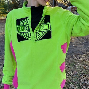 Reworked hoodie. 1 of 1 neon green / neon pink crewneck. Harley- Davidson upcycled sweatshirt.