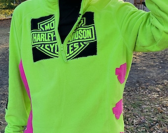 Reworked hoodie. 1 of 1 neon green / neon pink crewneck. Harley- Davidson upcycled sweatshirt.