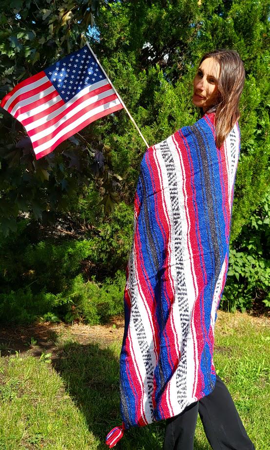 Americana Collection Patriotic Serape Blanket With Minky Plush Backing. Tassel Blanket. Mexican Blanket.  America - RED, WHITE, and BLUE