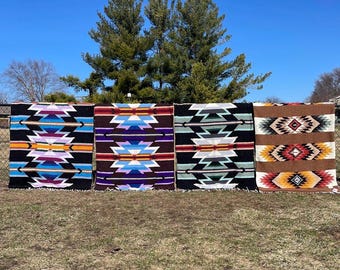 Mojave design handwoven Mexican blanket paired with black Minky plush EXTRA large aztec print blanket