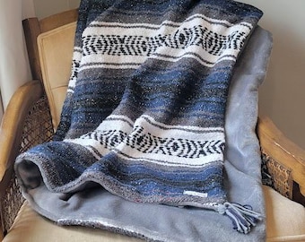 Navy Blue Mexican blanket backed with super soft Minky Plush. Falsa blanket paired with Minky