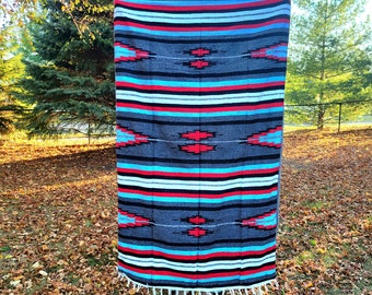 XL Arrow Print Mexican Blanket. Red, Black, Blue Tones with Super Soft Black Minky Plush Sustainable Eco friendly upcycled recycled