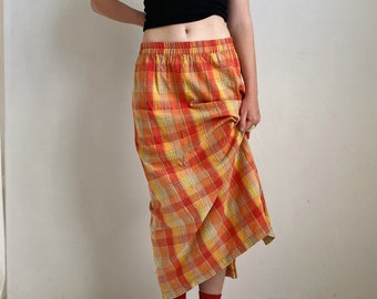 80’s vintage orange cotton plaid skirt, elastic waist, pencil skirt, low or high waist, Bella Donna Australia, size L