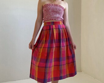 70’s French vintage cotton plaid high rise skirt, red, multicoloured, size S