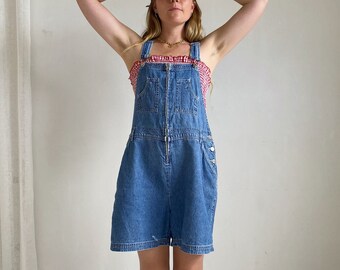90’s vintage denim short overalls, dungarees, shortalls, zip up front detail, summer staple, size M