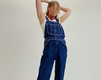 vintage dark wash denim overalls, dungarees, American vintage, contrast stitching, cotton, unisex, size S, size 8-10 au