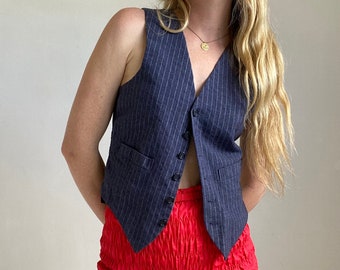 vintage grey blue pinstriped vest, button up, cinch waist, size xs-s