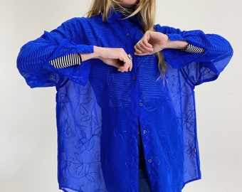 90’s vintage embroidered and sheer electric blue shirt, oversized, beach throw, button up, staple, size S - L