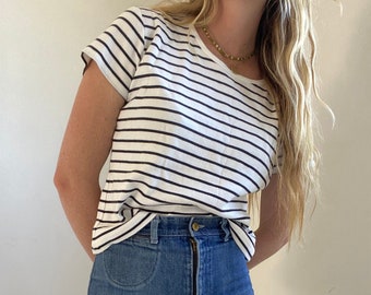 90’s vintage cotton striped baby tee, white and black striped, ringer tee, T shirt, cosmos jeans, size L