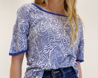 70’s vintage cotton wave pattern blue and white ringer tee, cotton, slightly ribbed fabric, baby tee