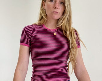 70’s vintage cotton striped ringer tee, pink and black striped, baby tee, T shirt, size XS - S