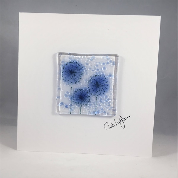 Fused Glass Greeting Card, Handmade, Floral, Blue Flowers, Birthday, Any Occasion, Mothers Day, Card for Her