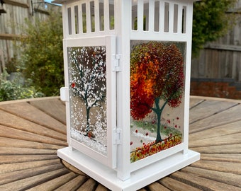 Handmade Fused Glass Lantern.  Four seasons Tree Design, Multi use, Birthday Gift, Christmas Gift