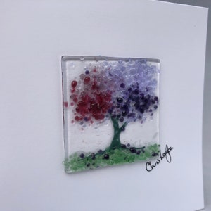 Fused Glass Greeting Card, Handmade, Landscape , Pink Purple Blossom Tree, Birthday, Mothers Day, Any Occasion, Keepsake, New Home Card