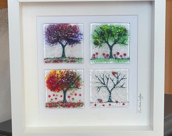 Glass Landscape Wall Hanging, Glass Art,  Tree in four seasons,  Wall Hanging,  Wall Art, Gift for them, Birthday, Mothers Day Present