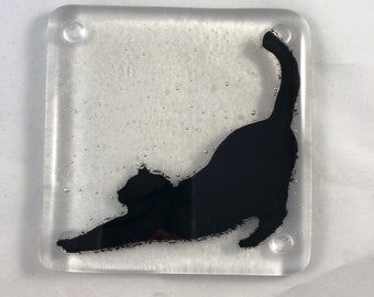 Fused Glass Cat Coaster, Black Silhouette, Handmade