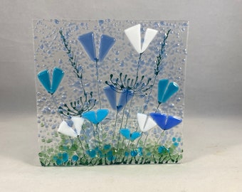 Floral Glass Plaque, Candle Display, Flowers in shades of ,blue and white,  Fused Glass, Birthday Present, Gift for her, Christmas Present