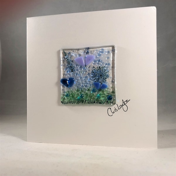 Fused Glass Greeting Card, Handmade, Floral, Lilac and Blue flowers, Birthday, Mothers Day, Any Occasion, New Home Card, Keepsake