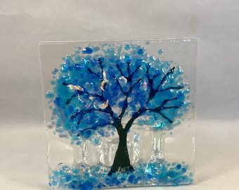 Floral Glass Plaque, Candle Display, tree in shades of blue,  Fused Glass, Home Decor, Birthday Present, Mothers Day Gift, Christmas Gift