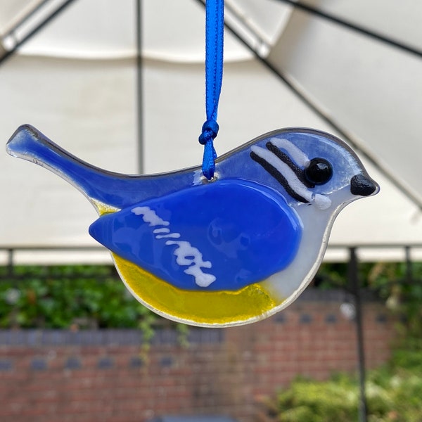 Fused Glass Hanging Decoration, Bluetit