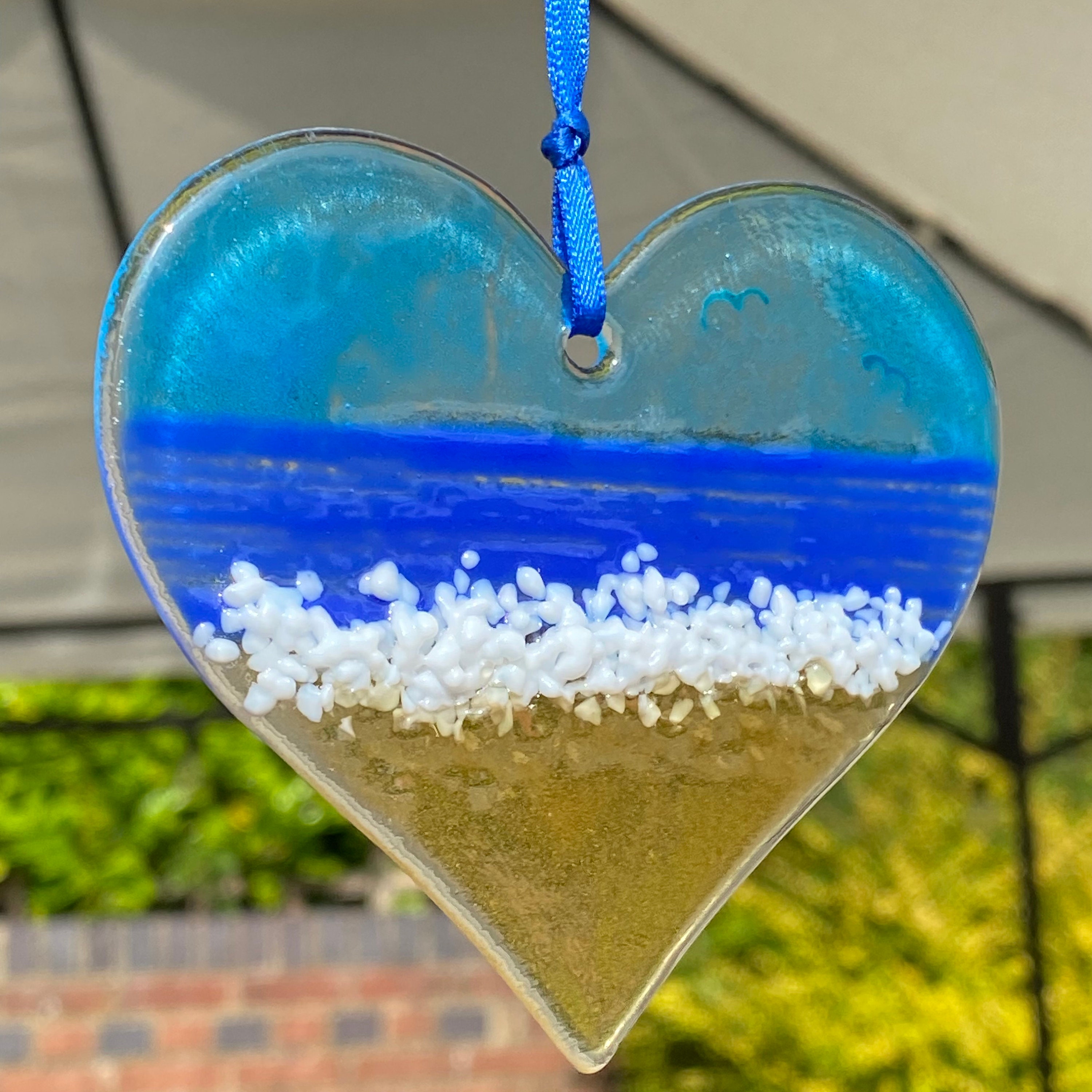 Seaside Glass Suncatcher Beach Scene Heart Glass Art Fused Etsy UK